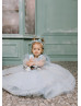 Long Sleeves Light Blue Snowflake Tulle Flower Girl Dress